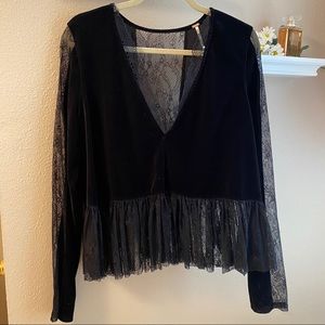 Free People Black velvet lace long sleeve top